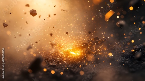A dynamic shot of a spaceship narrowly escaping an alien asteroid field, with glowing debris scattered in its wake.