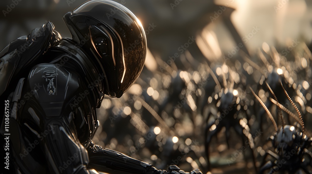 Fototapeta premium A high-resolution close-up of alien insects crawling over strange, metallic plants as an astronaut observes.