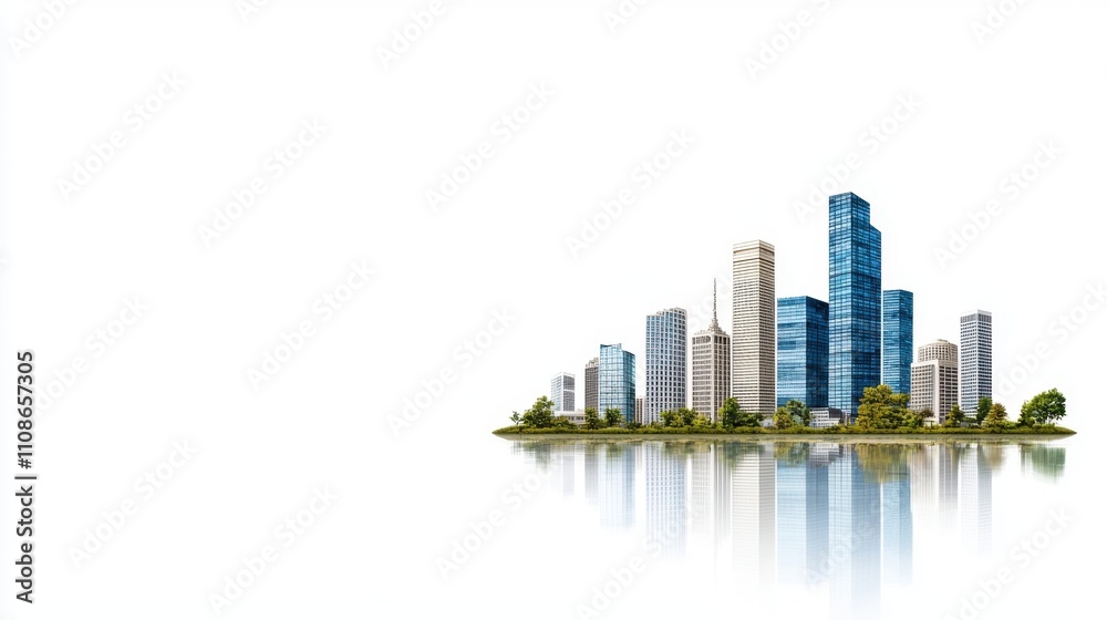 Obraz premium Modern City Skyline Reflection with Clear Blue Water and Lush Green Landscape