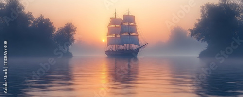 Sailing ship at sunrise on a misty lake.