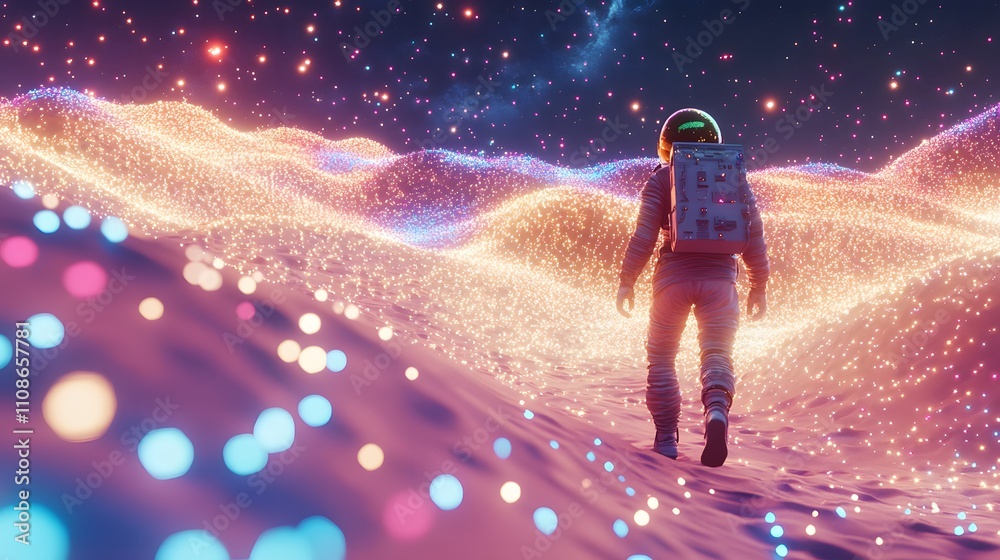 Naklejka premium An astronaut walking through a shimmering alien desert, with shifting sand dunes made of glowing particles.