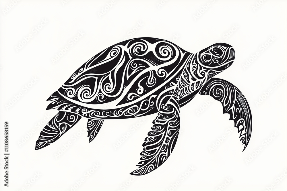 Fototapeta premium A striking sketch of a Maori tribal tattoo (ta moko) of turtle , with dense black lines and spirals forming a flowing composition. The design emphasizes cultural symbols like koru (fern) and hei matau