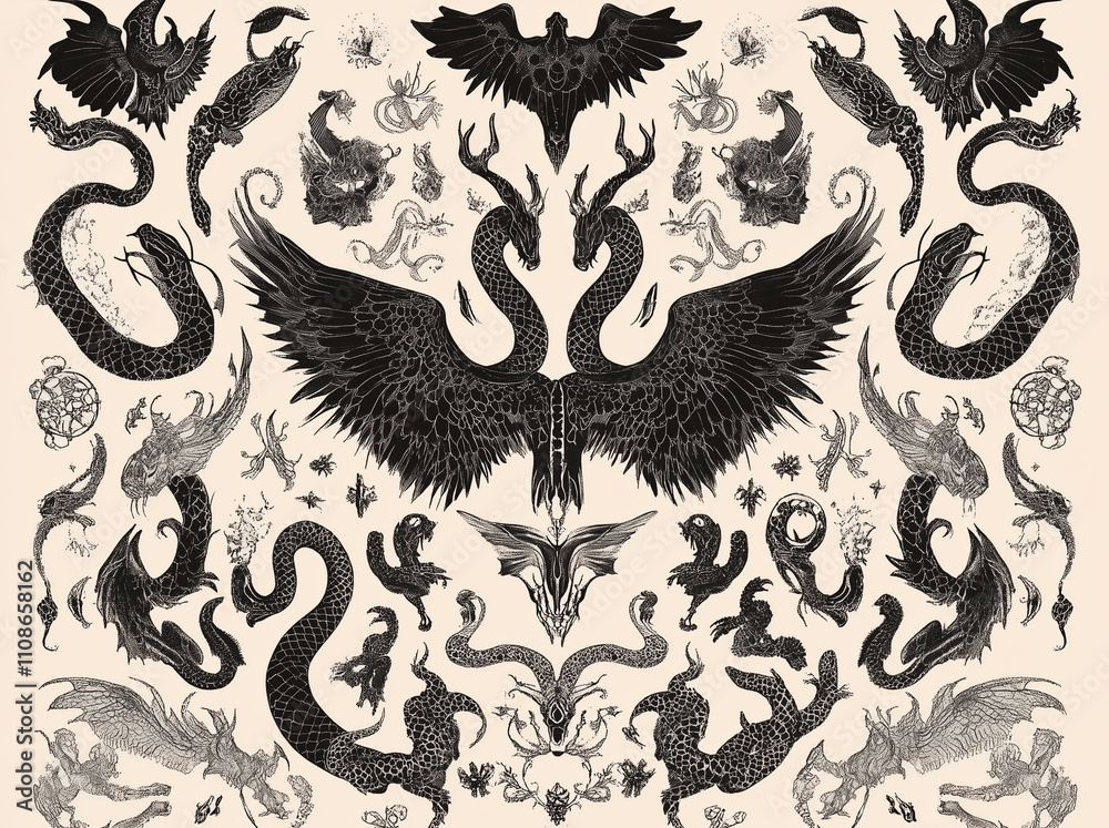 Fototapeta premium A striking monochrome cover filled with dense black tattoo sketches of varying sizes, such as snakes, wings, sacred geometry, and mythological creatures, arranged in an organic flow