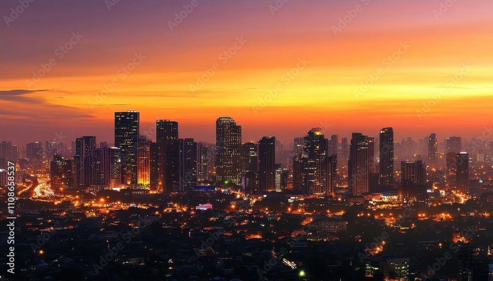 Fototapeta premium City skyline at sunset with illuminated buildings and vibrant colors.