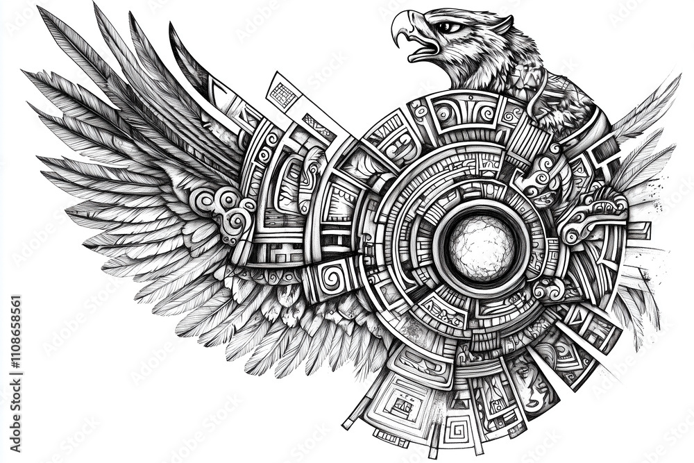 Fototapeta premium An intricate sketch of an Aztec tribal tattoo, showcasing elements like the sun stone, jaguars, eagles, and geometric glyphs. The design features sharp, angular lines and symbolic imagery