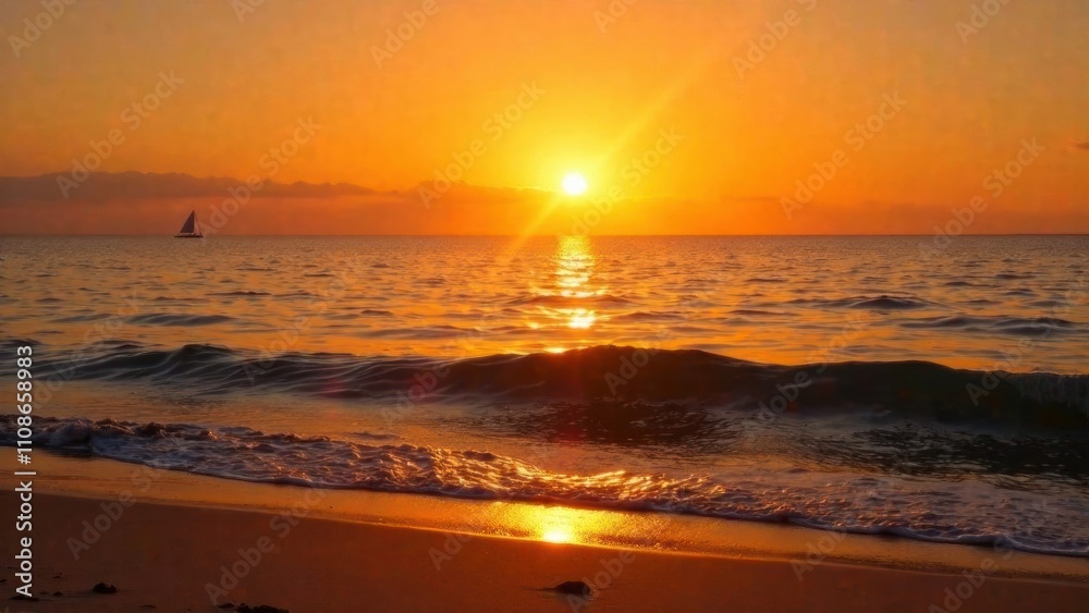 Fototapeta premium Golden sunlight reflects on ocean waves as a sailboat glides across the horizon at sunset, creating a serene coastal atmosphere. Generative AI