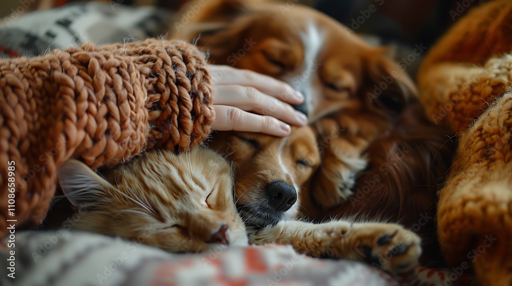 Obraz premium Woman's hand cradling a fluffy cat and dog, with a warm and cozy ambiance