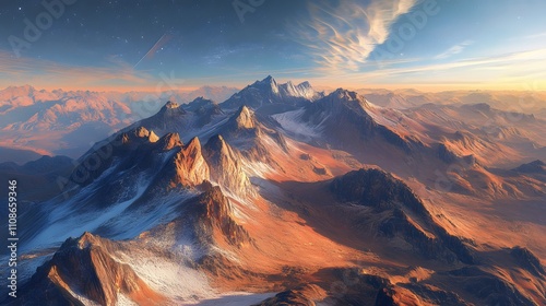 A symmetrical shot of an alien mountain range with glowing peaks, casting long shadows across the valley below.