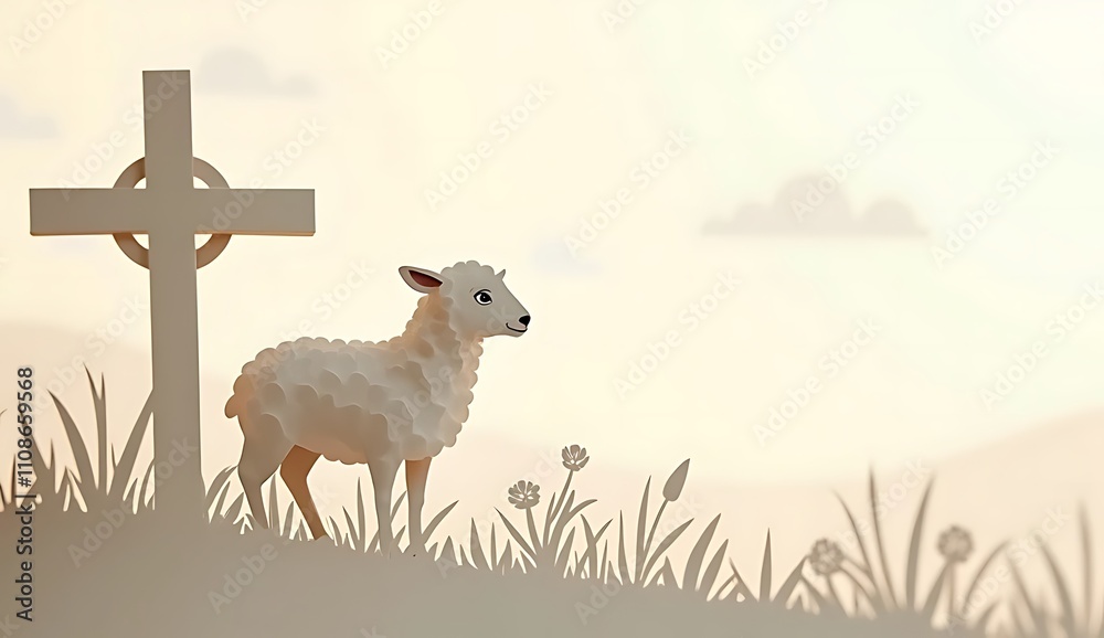 Fototapeta premium paper cut illustration of Lamb standing next to cross on Calvary hill