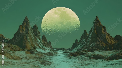 A symmetrical view of an alien landscape with twin peaks reflecting soft light from an alien moon. photo