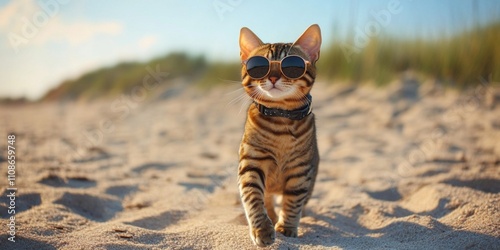 Bengal cat dressed for the beach, wearing sunglasses, walking on the sand by the sea2 photo