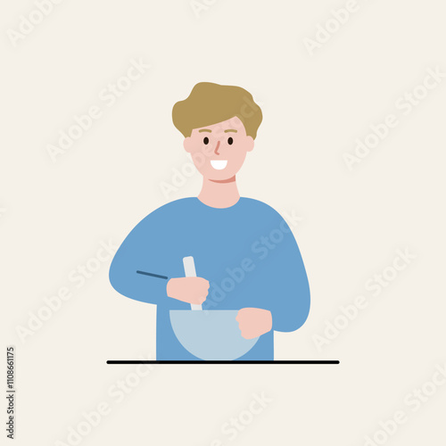 Happy boy mixing ingredient with bowl at home. Child preparing food. Cooking, homemade, hobby, leisure activity concept. Flat character vector design illustration.
