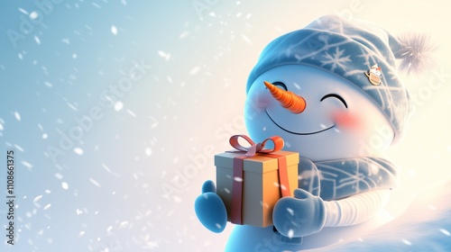Cute Snowman Character Holding Gift Box