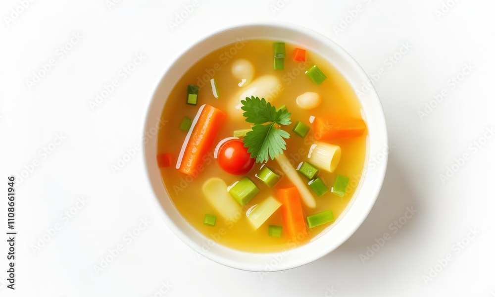 A clean, minimalistic image of a fresh vegetable soup with ingredients like carrots, celery, and tomatoes visible. A clean, minimalistic image of a fresh vegetable soup with ingredients like carrots, celery, and tomatoes visible.