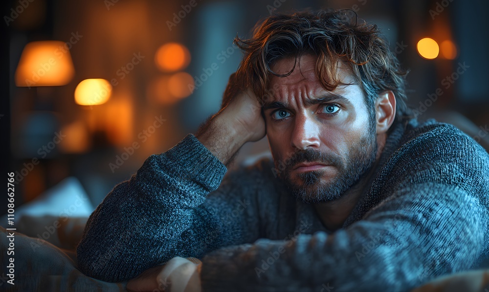 Fototapeta premium Individual in distress reflecting on sad memories while sitting on a sofa, facing challenges related to mental health and emotional pain from past trauma or stress