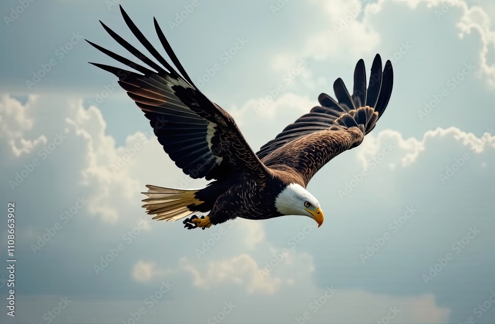 Fototapeta premium A bald eagle glides effortlessly in the sky, wings fully extended, against a backdrop of dramatic clouds, searching for its next meal. Generative AI