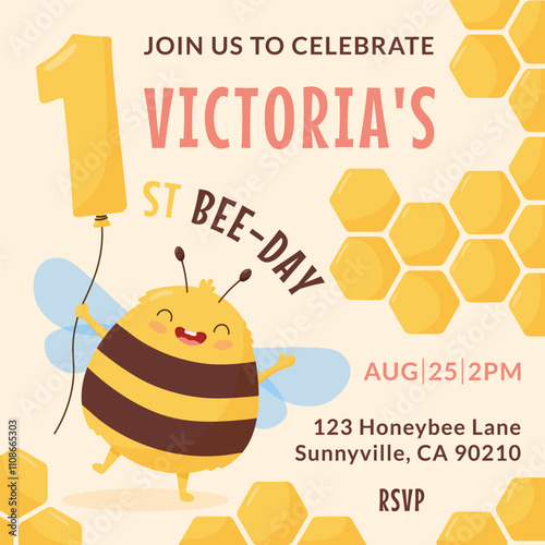 First birthday invitation template with kawaii happy bee and honeycomb. Cute bumblebee holds balloon shape number one. Cartoon flat vector illustration