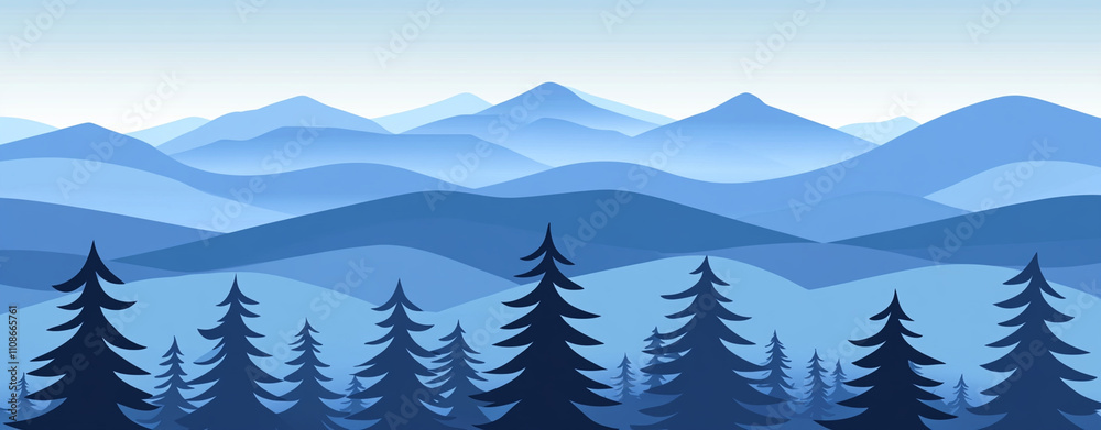 Fototapeta premium serene abstract landscape featuring misty mountains and layered hills in shades of blue, complemented by silhouettes of evergreen trees. tranquil scene evokes sense of calm and peace