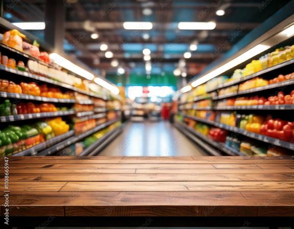Rustic wooden table top in a supermarket aisle, creating a sense of warmth and tradition Rustic wooden table top in a supermarket aisle, creating a sense of warmth and tradition