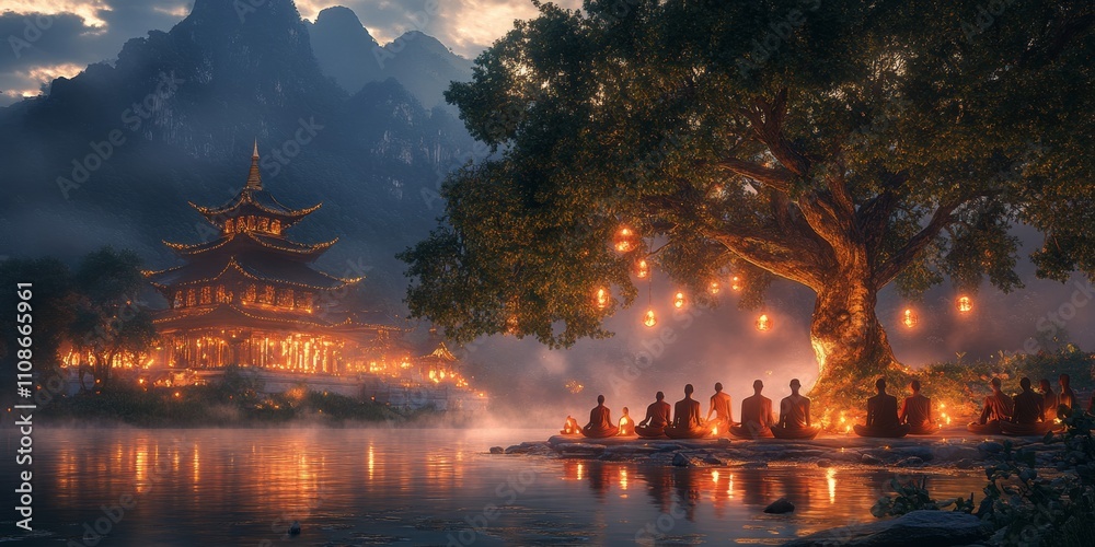 Fototapeta premium Serene Bodhi Day Monks Meditating Under Lanterns in a Buddhist Temple Setting