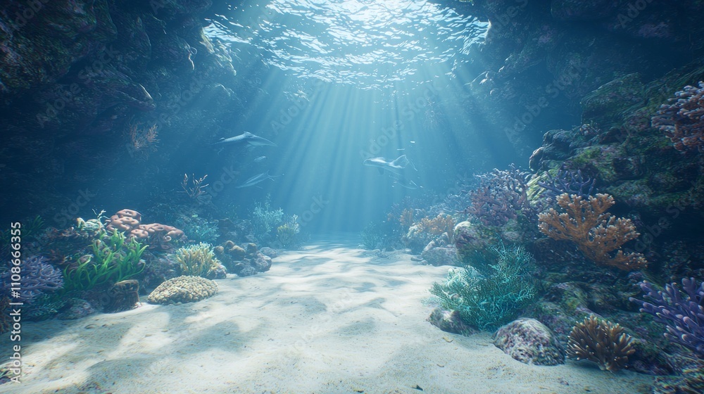 Obraz premium Submerged Serenity: Captivating AI Video Game Underwater World with Majestic Sea Creatures, Vibrant Coral Reefs, and Illuminated Depths