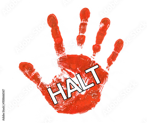 Roter Handabdruck vor weissem Hintergrund