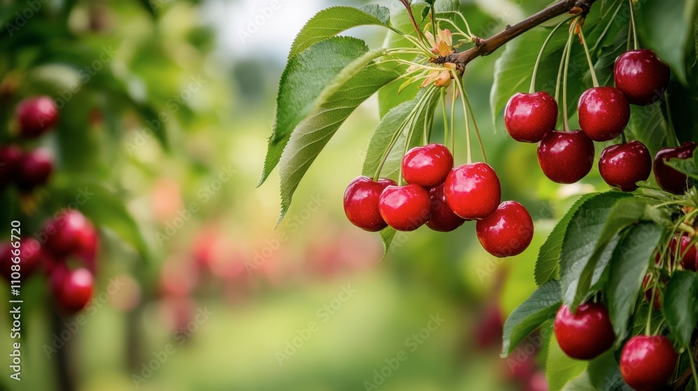 Fresh Cherries on Tree Branches in a Lush Orchard Setting Fresh Cherries on Tree Branches in a Lush Orchard Setting