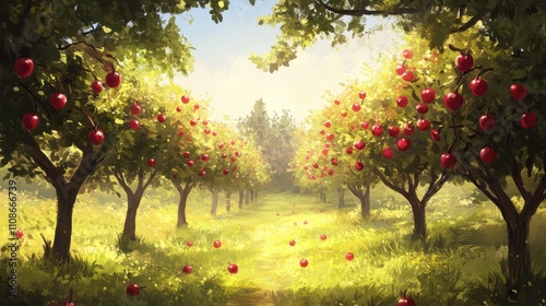 Lush Apple Orchard with Bright Red Apples and Soft Sunlight