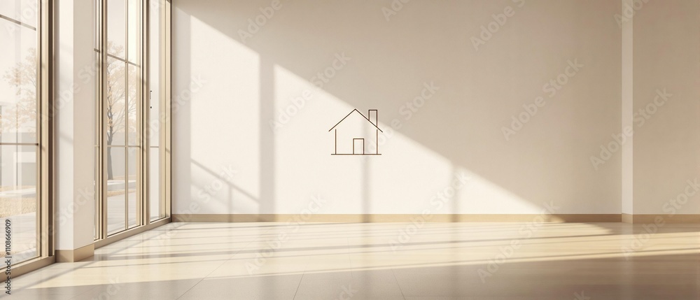 Obraz premium Minimalist living room with a large window displaying natural light and a decorative thin line icon of a house on the wall, house symbol, clean lines.