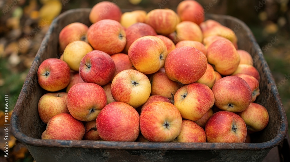 Freshly Harvested Apples in Rustic Wooden Wheelbarrow Outdoors Freshly Harvested Apples in Rustic Wooden Wheelbarrow Outdoors