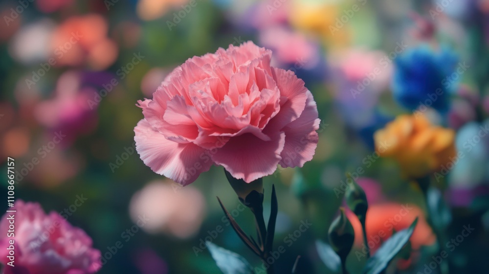Obraz premium Soft Pink Flower Surrounded by Colorful Blossoms in Spring Garden