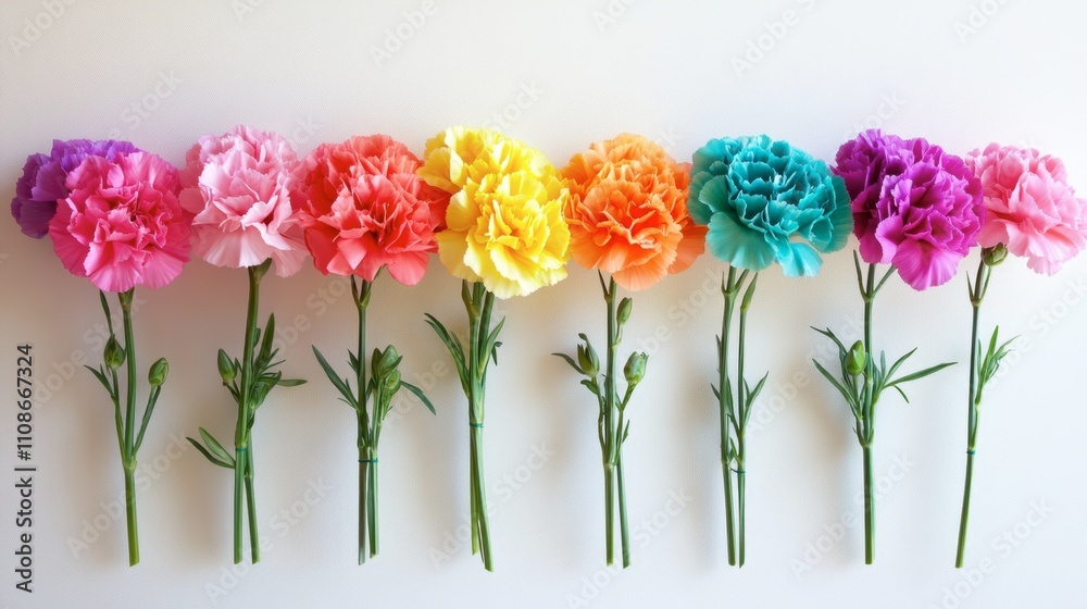 Obraz premium Colorful Carnations Arranged in a Row on a White Background