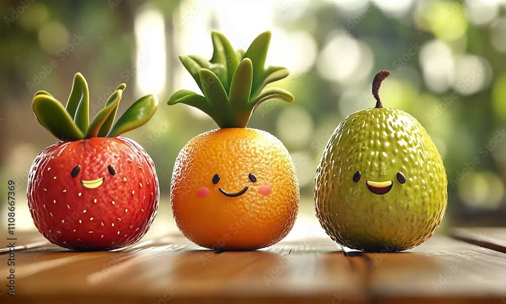 3d cartoon fruit cheerful smile expression