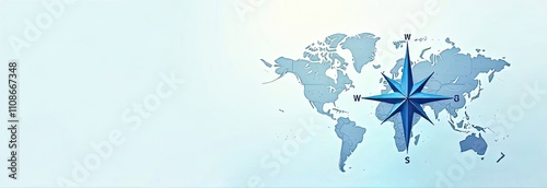 A world map displays borders and regions in muted colors, while a prominent blue compass rose indicates cardinal directions. Generative AI
