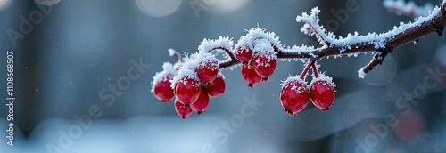 Fresh red berries are adorned with a layer of snow, highlighting the contrast of colors in a tranquil winter landscape. Generative AI