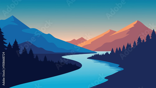 Snowy landscape with trees silhouetted against a vibrant sunset flat vector illustration natural background.