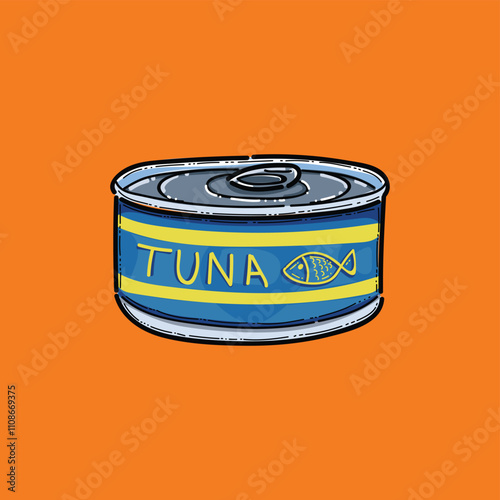 Illustration of a Tuna Can on Bright Orange Background for Food Design. This image highlights packaging design and can be used in food-related publications or advertisements.