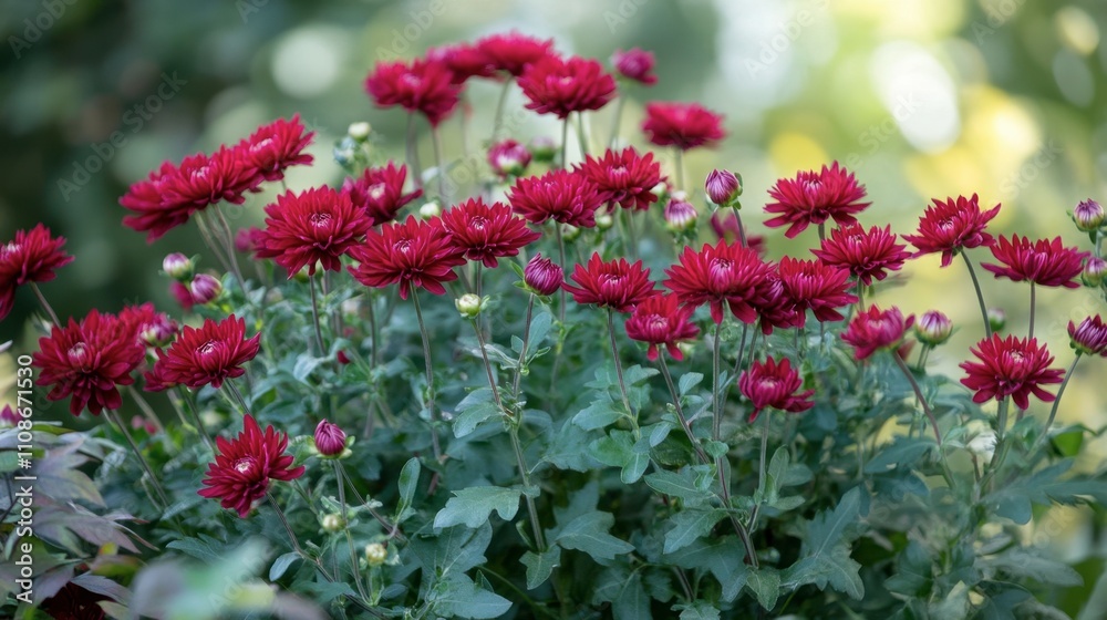 Vibrant Red Chrysanthemums Blooming in Lush Green Garden Setting Vibrant Red Chrysanthemums Blooming in Lush Green Garden Setting