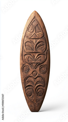 Close up of a Tiki surfboard standing