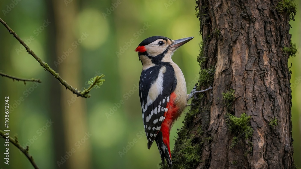 Great Spotted Woodpecker ( Dendrocopos major) in a tree in the forest of Noord Brabant in the Netherlands. Green background Great Spotted Woodpecker ( Dendrocopos major) in a tree in the forest of Noord Brabant in the Netherlands. Green background