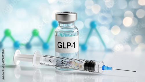 syringe and vial labeled GLP 1 are prominently displayed, symbolizing medical advancements and treatments. background features blurred, colorful pattern, enhancing focus on medical items