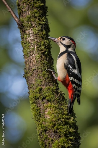 Great Spotted Woodpecker ( Dendrocopos major) in a tree in the forest of Noord Brabant in the Netherlands. Green background photo