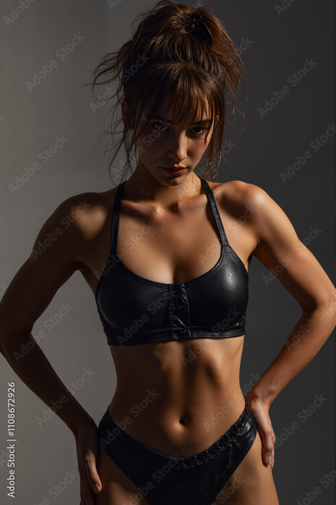 Naklejka premium woman with muscular body, wearing gym sporty outfit in dramatic environment photo