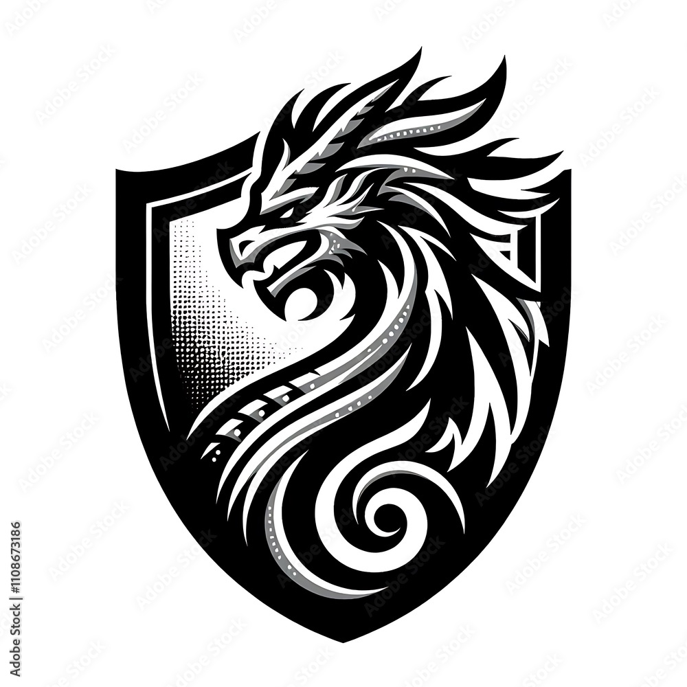 Obraz premium Black and white dragon emblem on a shield.