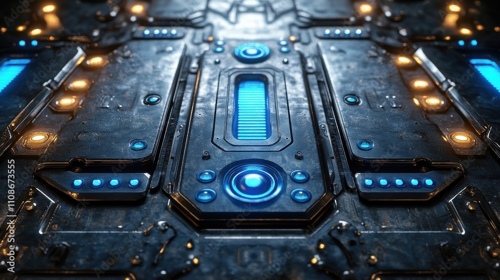 Fototapeta premium A blue and yellow metal surface with a blue button in the middle. Generative AI