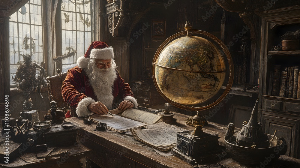 Santa inspecting a globe in his study, planning his Christmas Eve route with a focused expression. Santa inspecting a globe in his study, planning his Christmas Eve route with a focused expression.