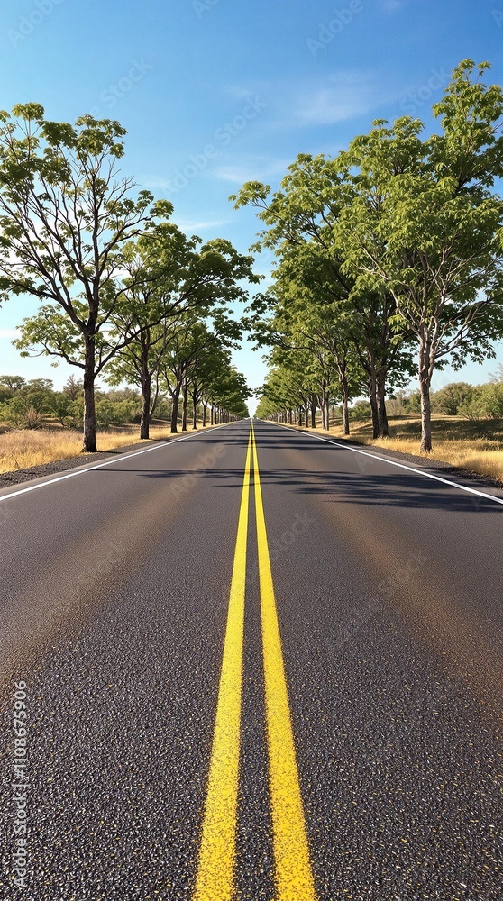 Naklejka premium Wide shot of an asphalt road with two yellow lines stretching into the distance as trees line the edge of the road, trees, traffic lanes