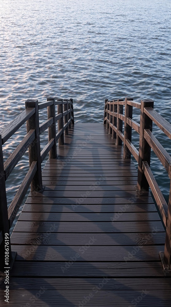 Fototapeta premium Wooden bridge as background with dark wood railings and water scenery, outdoor setting, natural scenery