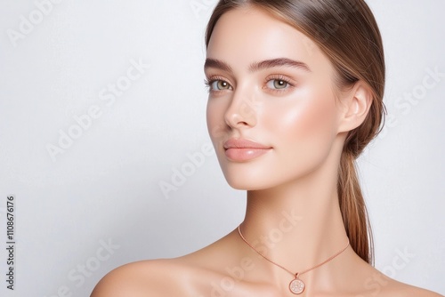 A close-up portrait of a woman showcasing natural beauty with light makeup, wearing a delicate necklace against a soft background.
