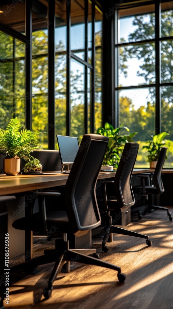 A modern office space featuring sleek furniture, large windows, and greenery, creating a bright and inviting work environment. A modern office space featuring sleek furniture, large windows, and greenery, creating a bright and inviting work environment.